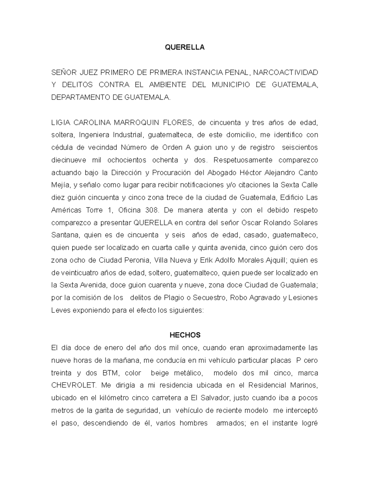 Querella por Delitos de Plagio, Robo Agravado y Lesiones Leves - Document Preview
