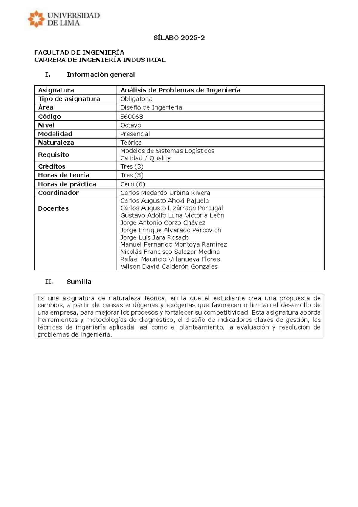 2025-2 SIL Análisis de Problemas de Ingeniería - Sílabo Completo - Document Preview