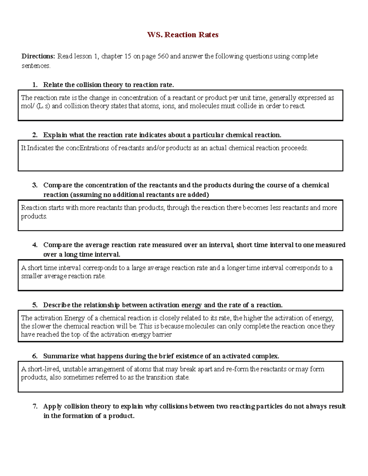 Energy Worksheet 1 Reaction Rates KS4 Rates Of Reaction