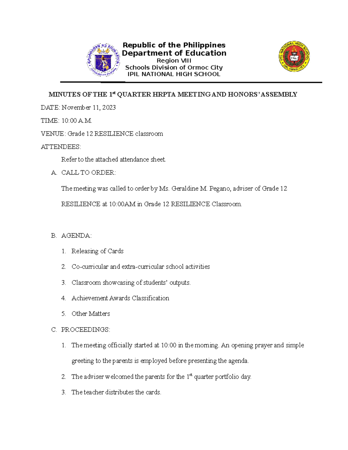 1st Quarter HRPTA Meeting Minutes - Honors Assembly and Portfolio Day ...