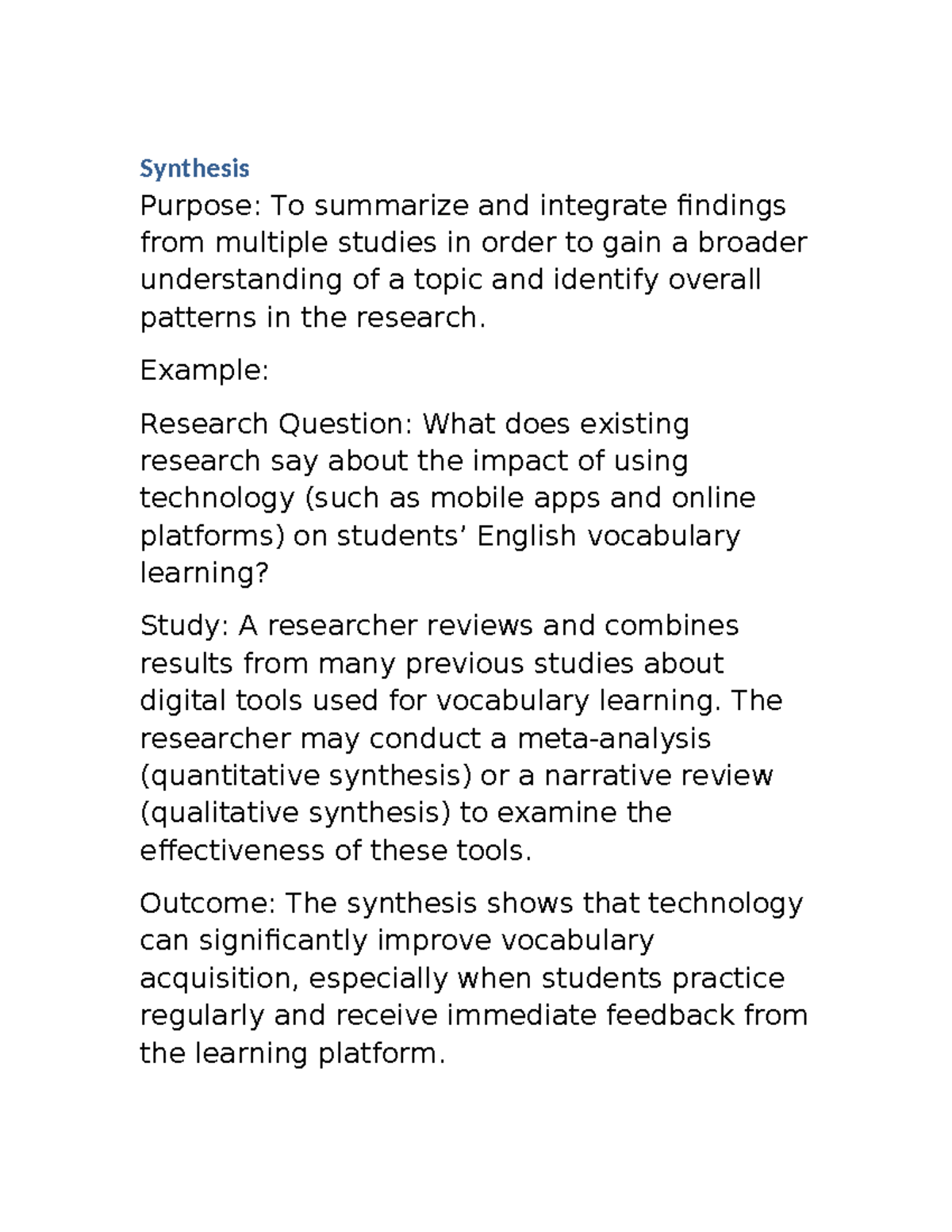 Synthesis Example: Impact of Technology on Vocabulary Learning - Studocu