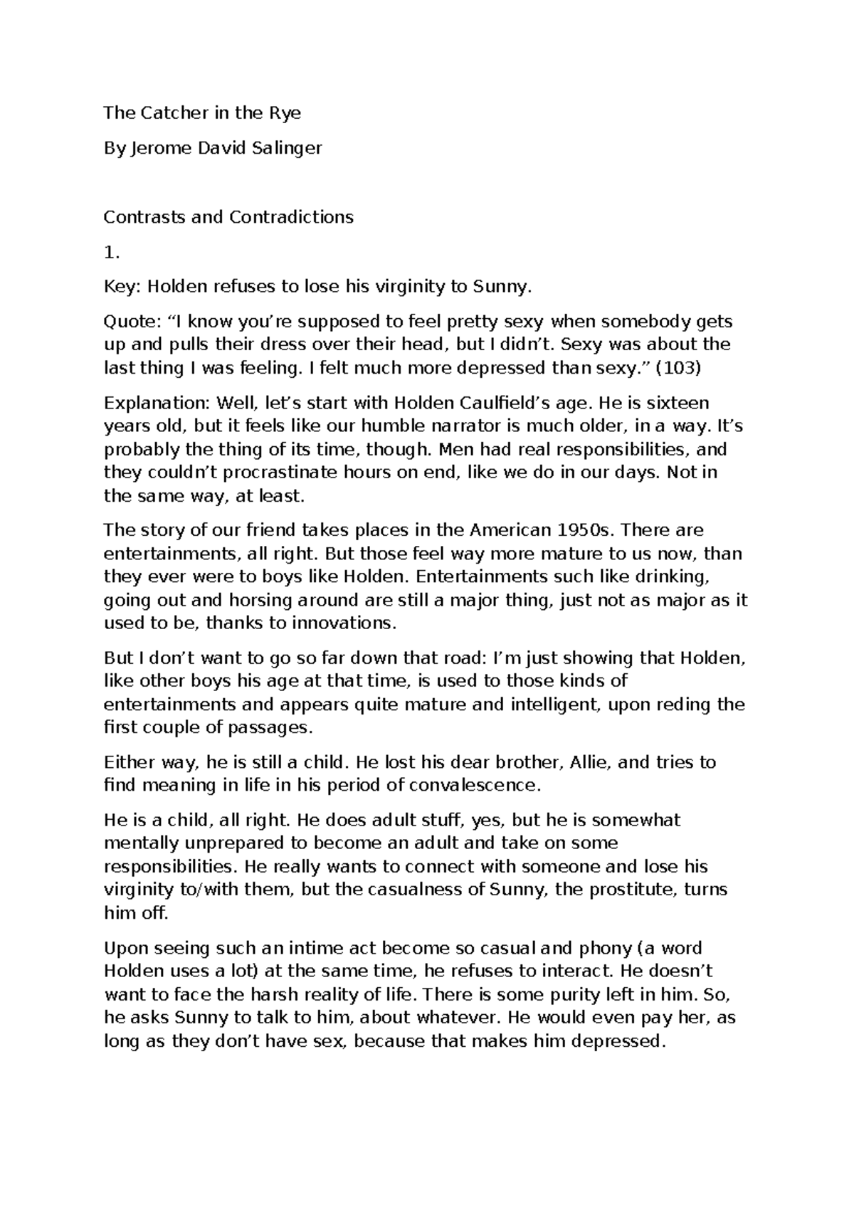 The Catcher in the Rye: Contrasts and Contradictions Analysis (ENG 101 ...