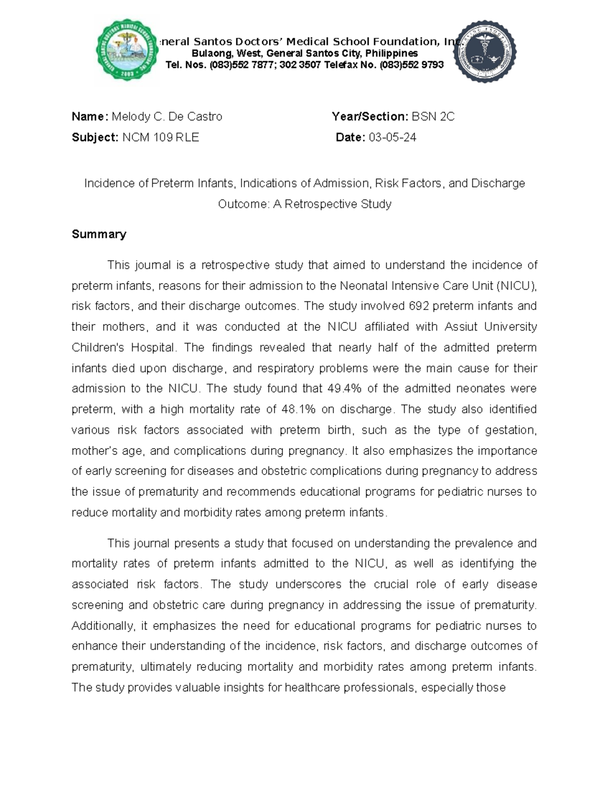 NCM 109 RLE: Retrospective Study on Preterm Infants' Outcomes - Studocu