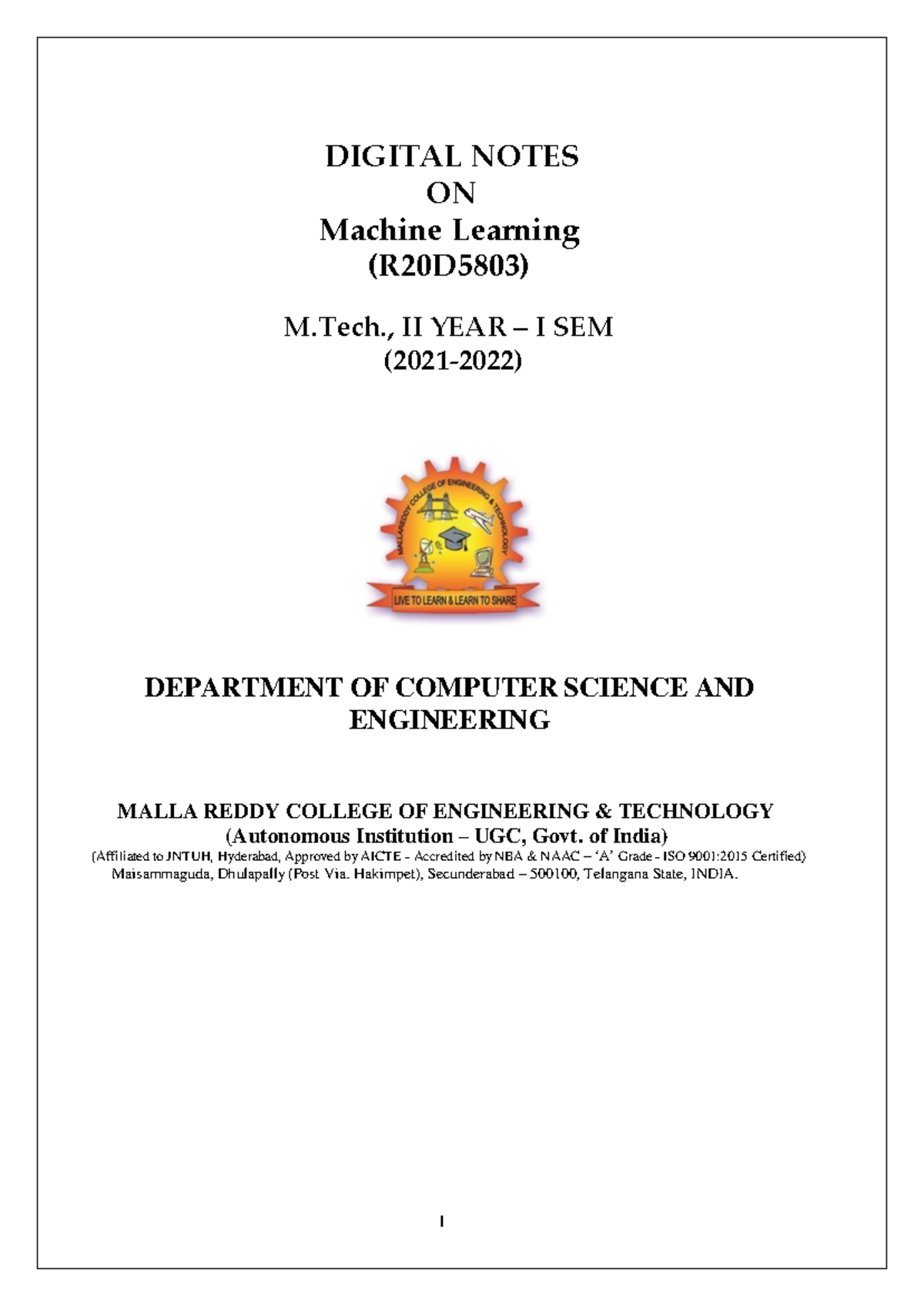 ML Final Exam Notes on Machine Learning (R20D5803) - M.Tech CSE II Year ...
