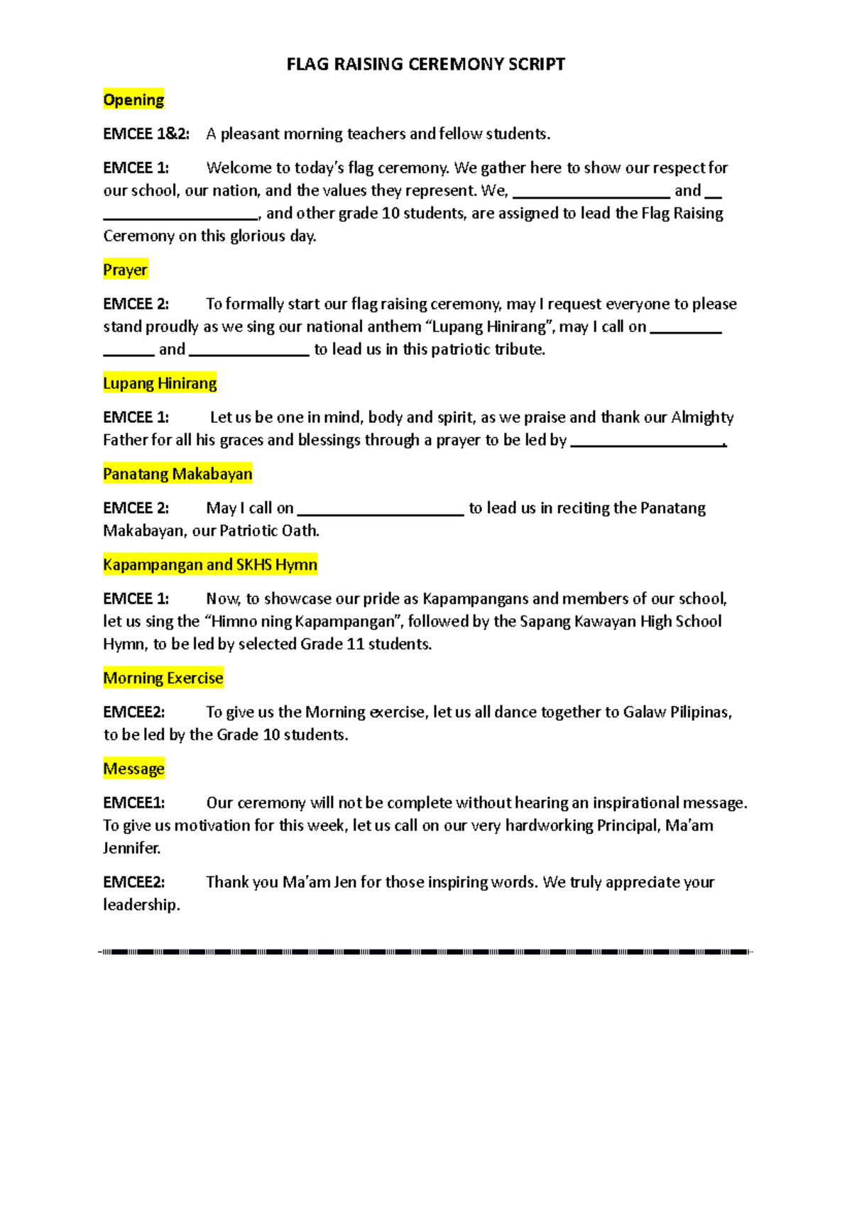 military flag ceremony script