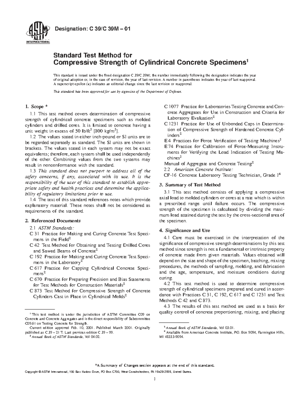 ASTM C39M 01 Standard Test Method for Compressive Strength of Concrete ...