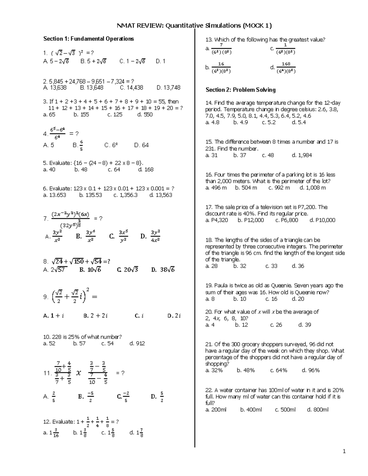 Mock 1 NMAT Review: Quantitative Reasoning Test Simulations - Studocu
