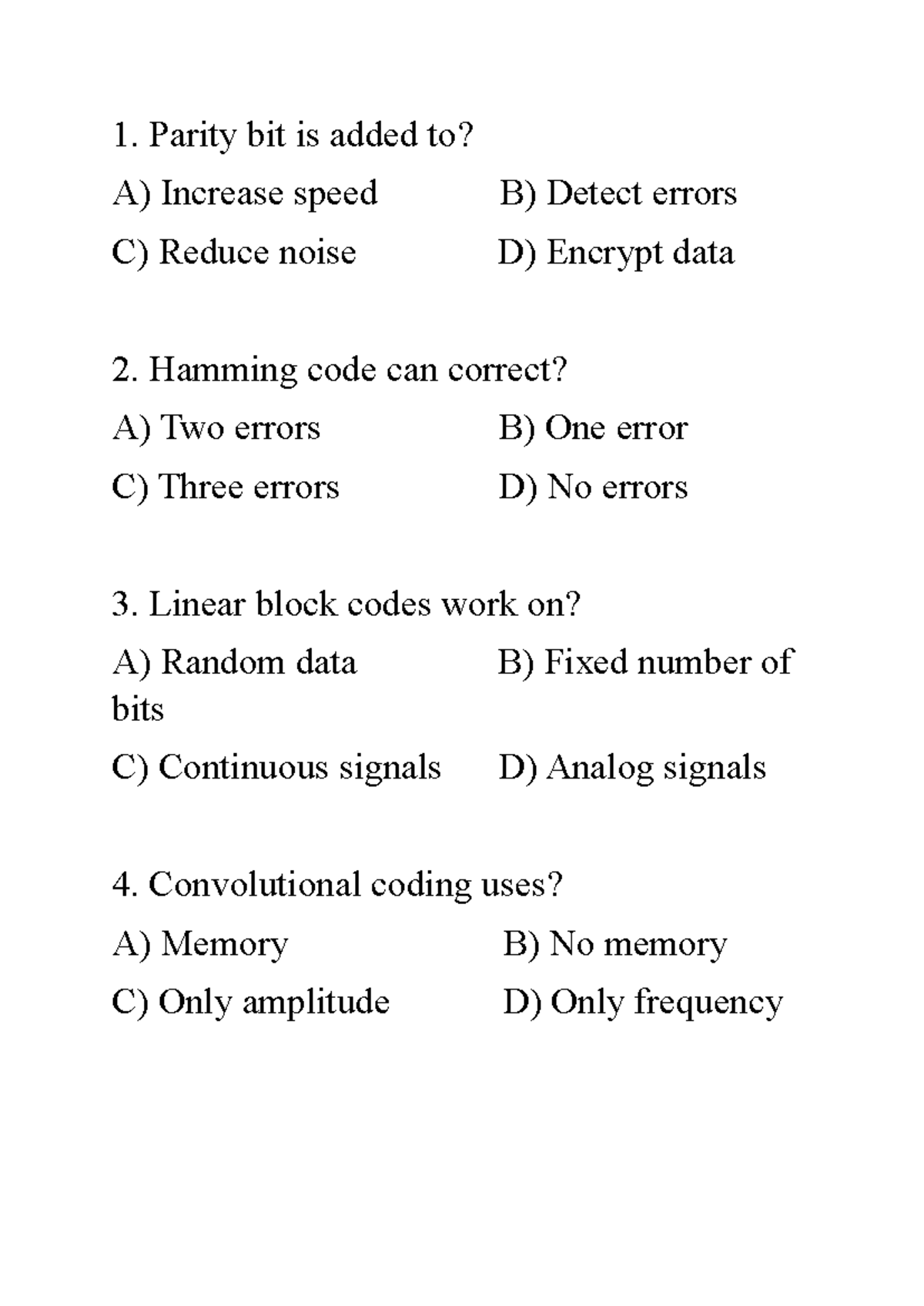 Quiz 2 CS: Multiple Choice Questions on Error Detection and Coding ...
