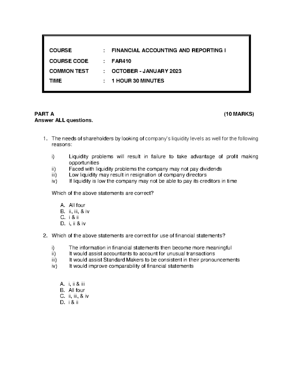 FAR410 test - EXAMPLE TEST - COURSE 1.: FINANCIAL ACCOUNTING AND ...