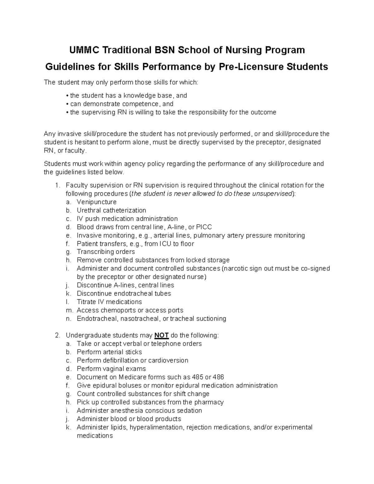 UMMC BSN Program Skills Performance Guidelines for Students - Studocu