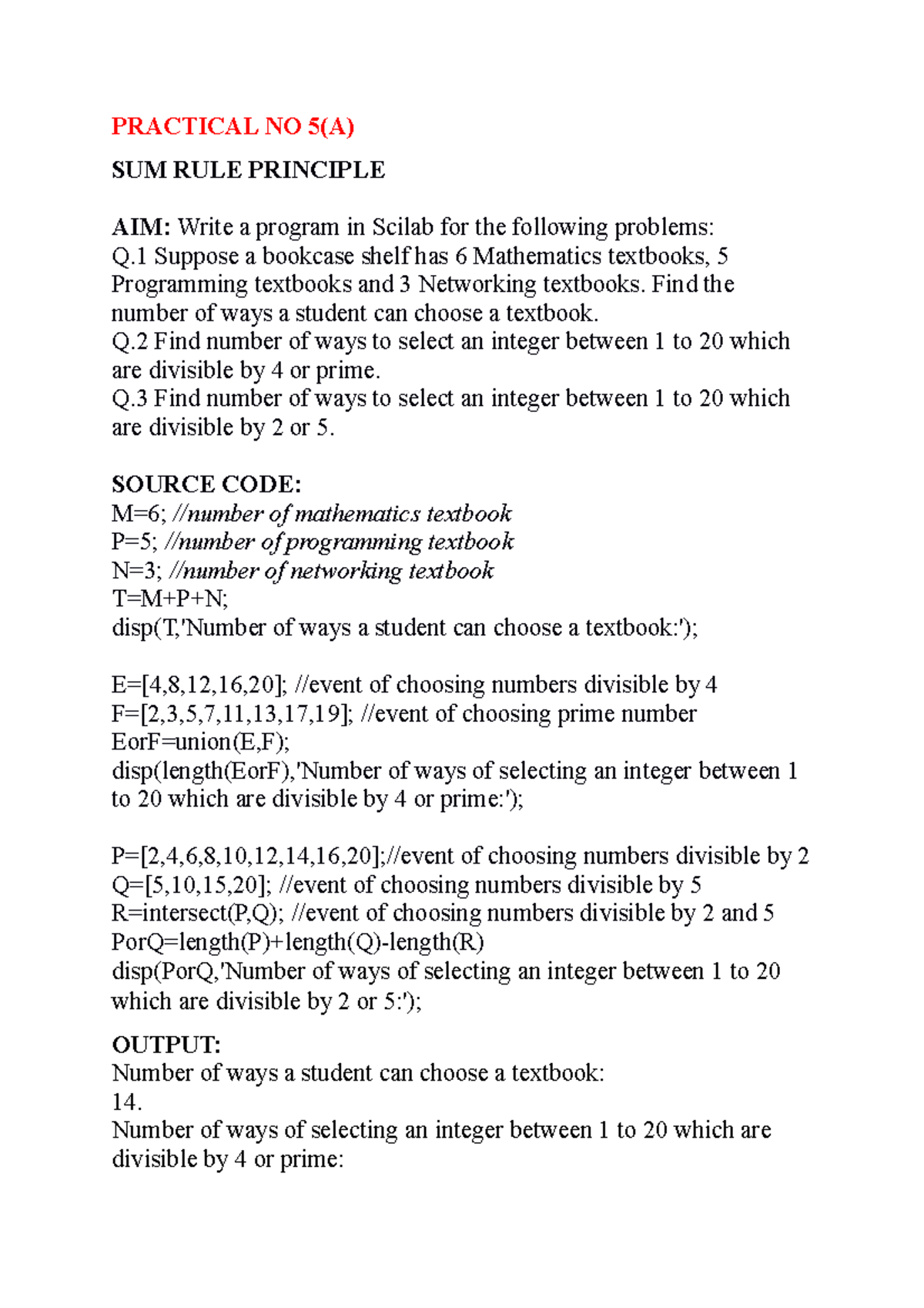 Practical DM 5-8: Sum and Product Rule Principles in Scilab - Studocu
