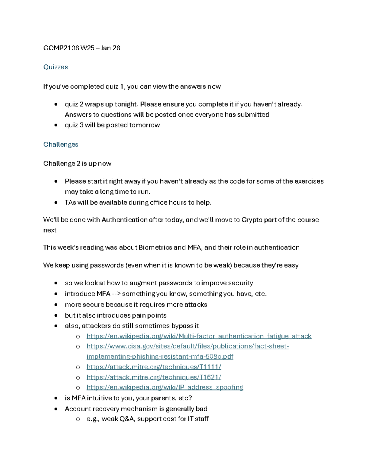 COMP2108 W25 Lecture Notes on MFA and Authentication Challenges - Studocu