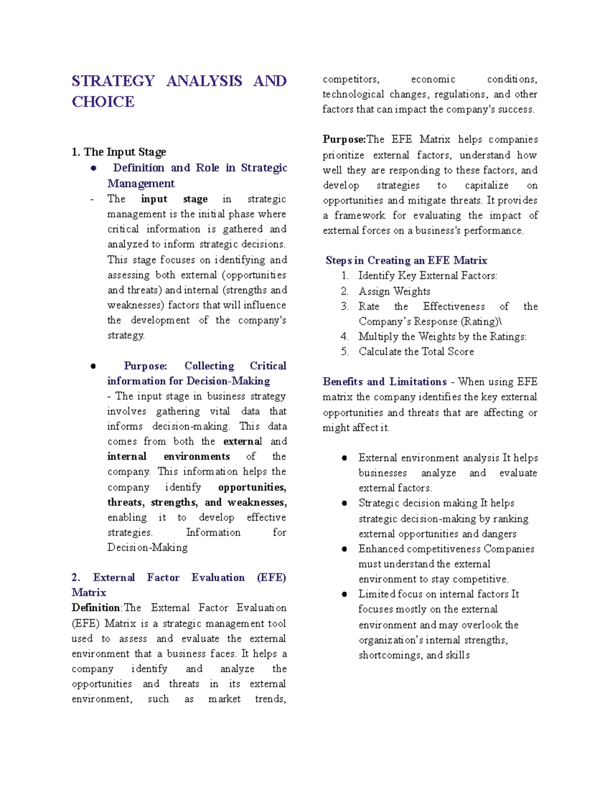 STRATEGY ANALYSIS AND CHOICE 1: Input Stage & EFE Matrix Overview - Studocu