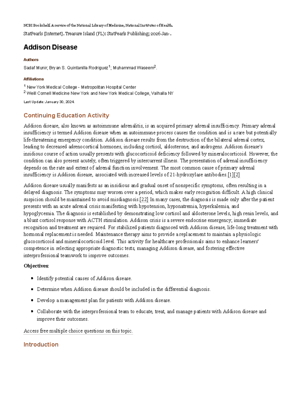 Addison Disease Overview and Management - NCBI Bookshelf (2026) - Studocu