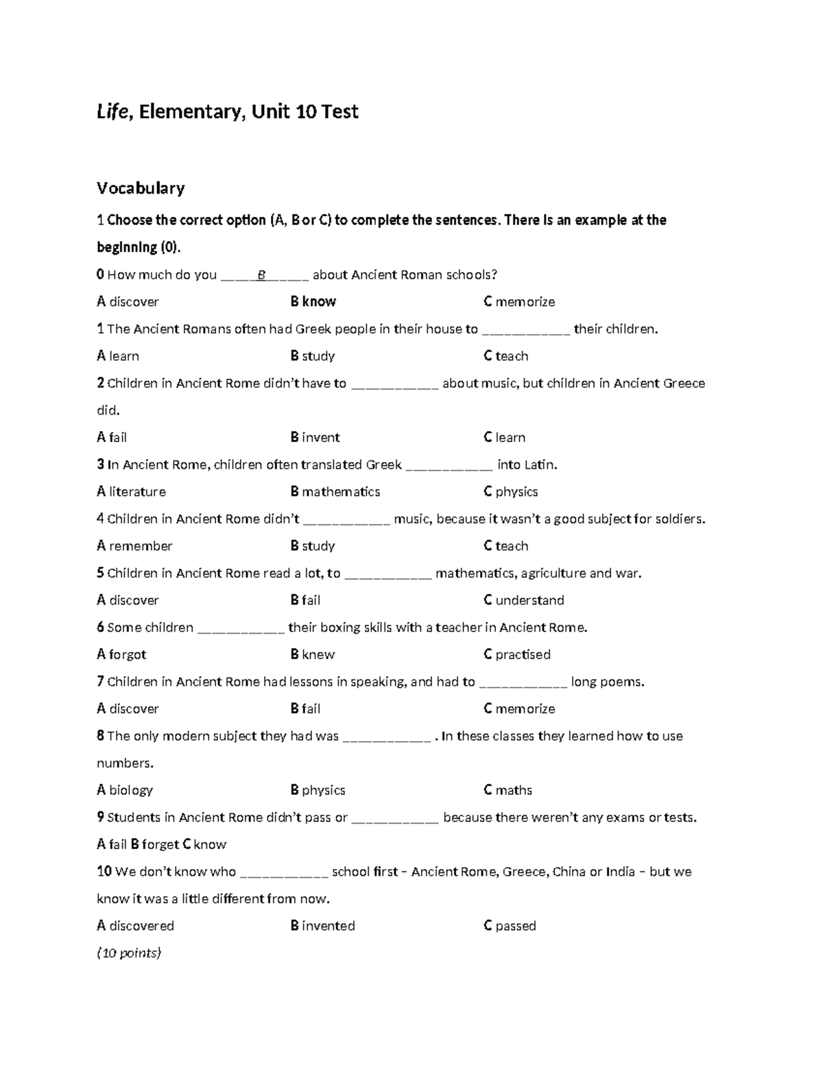 Life 2e Elementary Unit 10 Test Vocabulary & Grammar Review - Studocu