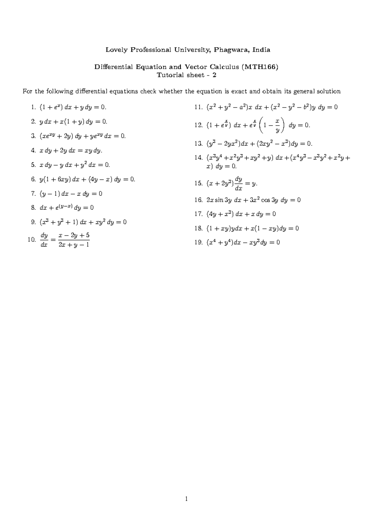 MTH166 Differential Equations & Vector Calculus - Tutorial Sheet 2 ...