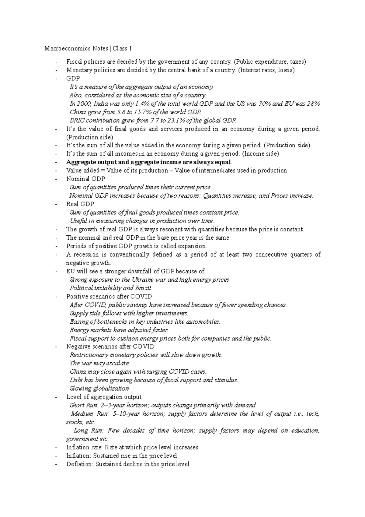 Macroeconomics Lecture Notes | Class 1: Key Concepts and GDP Analysis ...