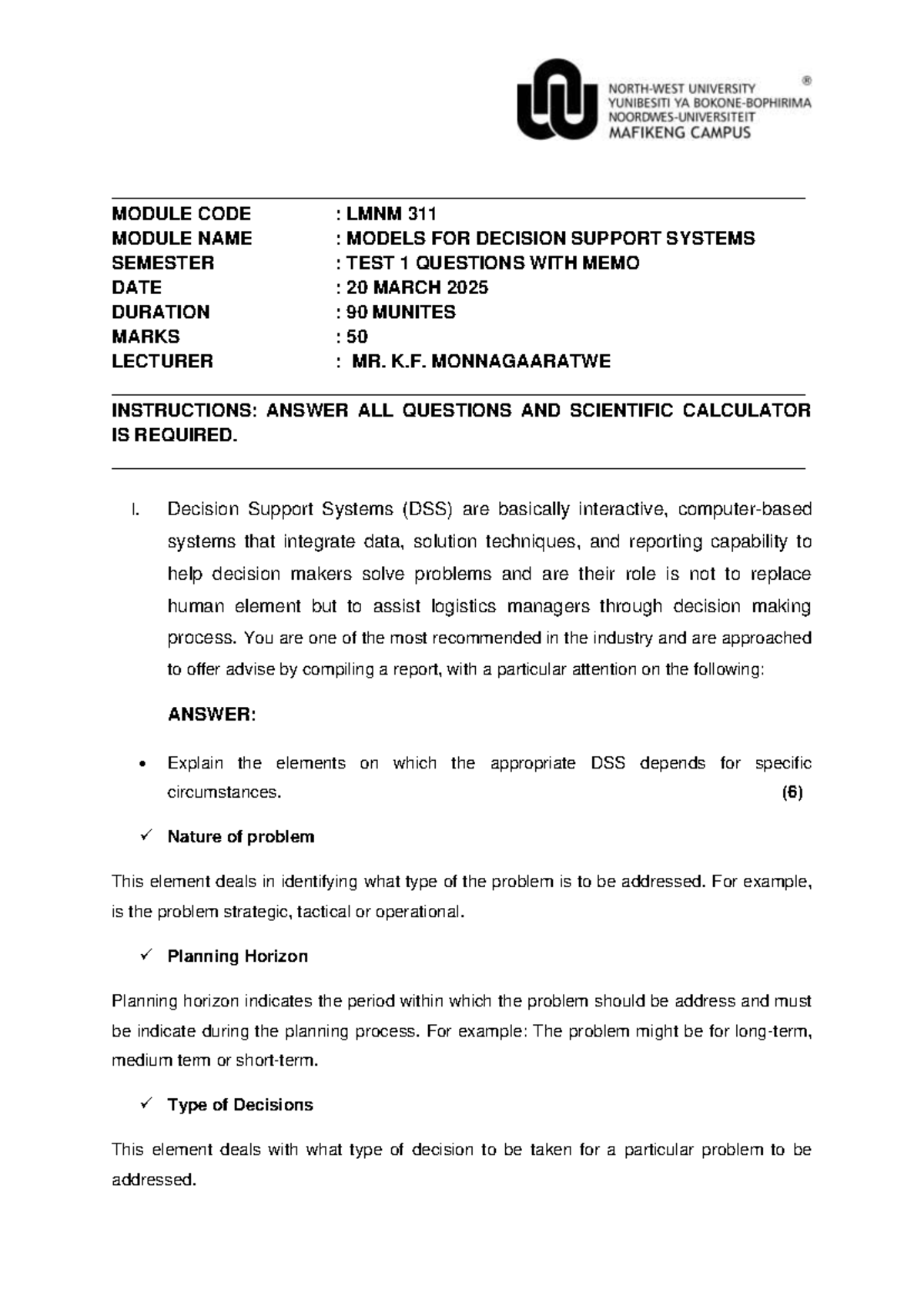 LMNM 311 Test 1 2025: Decision Support Systems Memo - Studocu