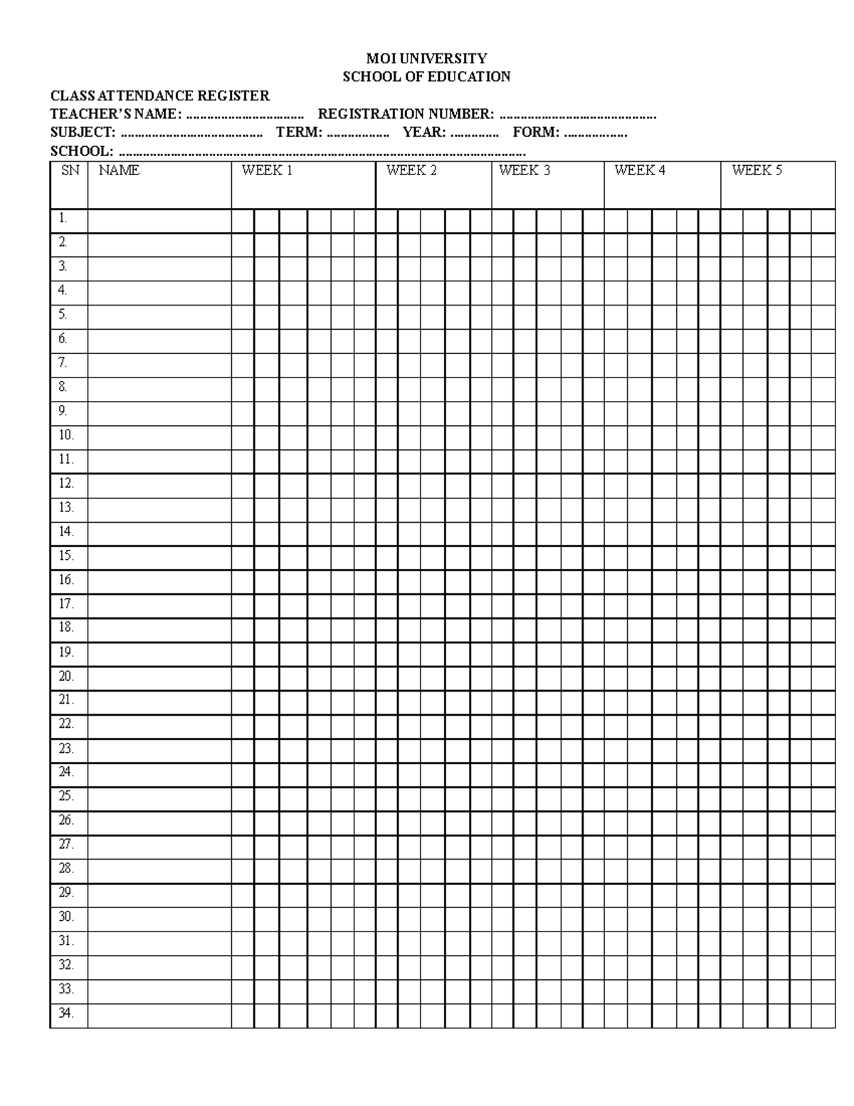 Register - class attendance list - MOI UNIVERSITY SCHOOL OF EDUCATION ...