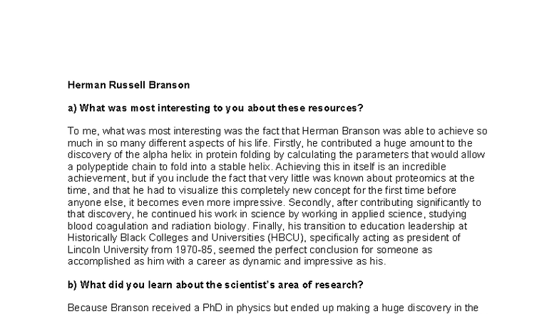 Biochem Reflection Report #3: Insights on Herman Branson's Legacy - Studocu