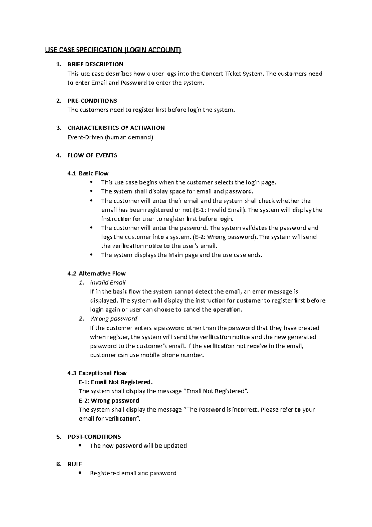 USE CASE Specification for Login Account in Concert System - Studocu