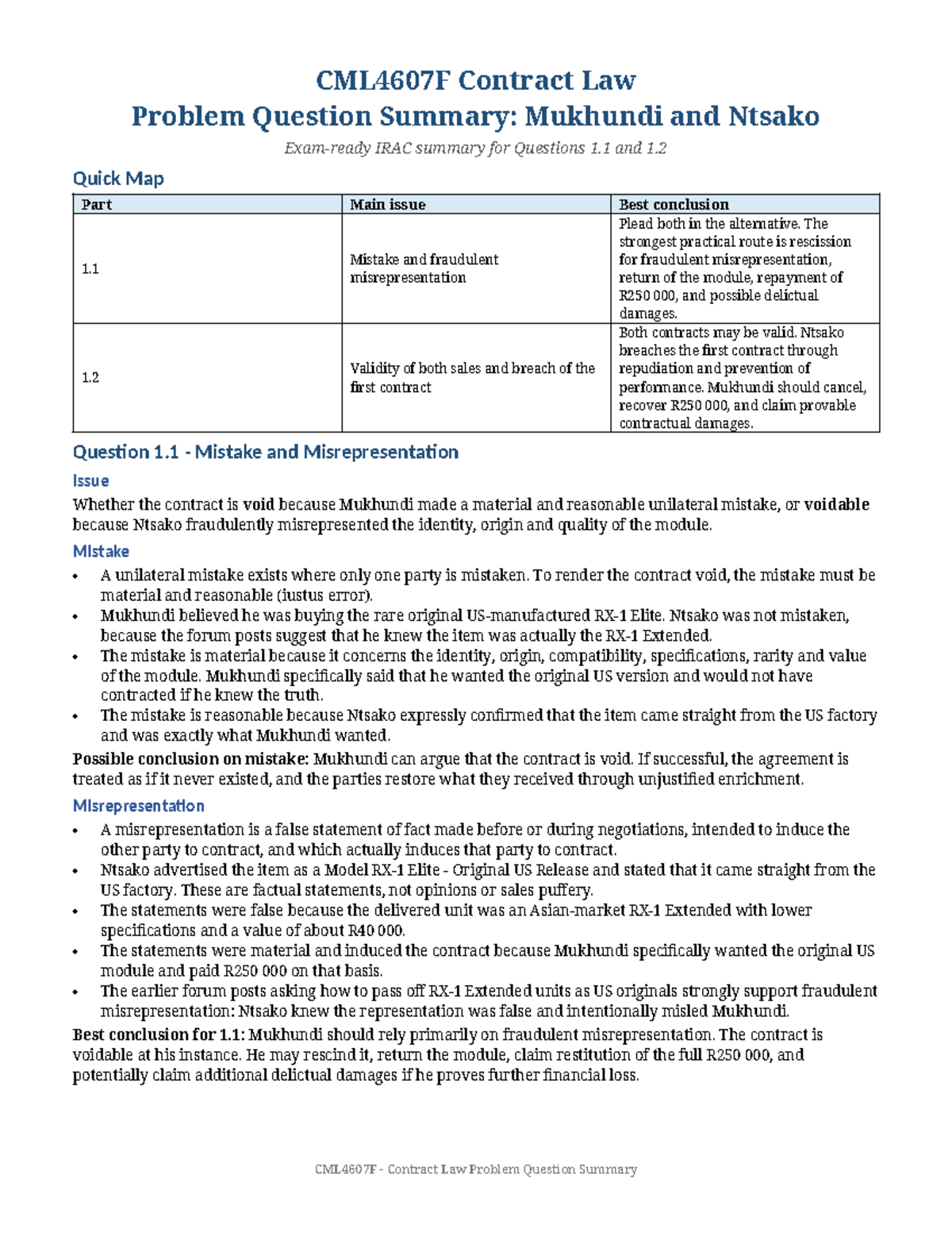 CML4607F Contract Law Problem Question Summary - Studocu