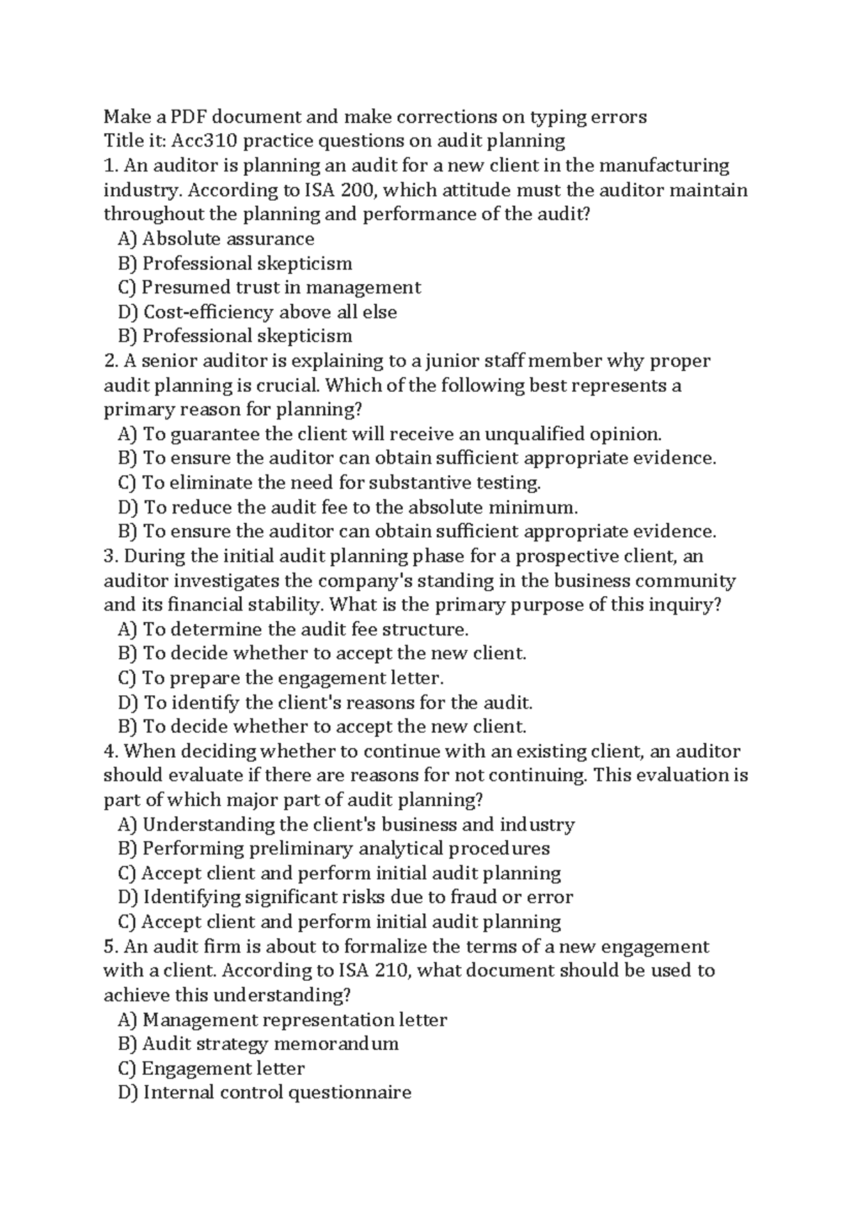 Acc310 Practice MCQs on Audit Planning and Control Risks - Studocu