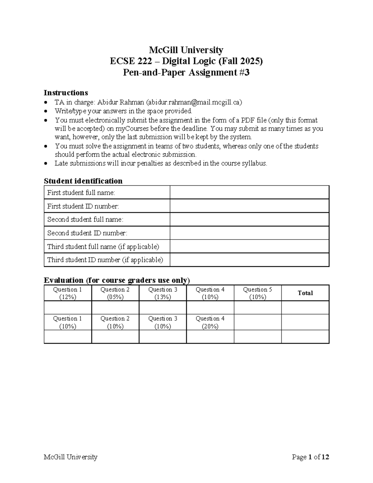 ECSE Digital Logic (Fall 2025) Assignment Instructions & Solutions ...