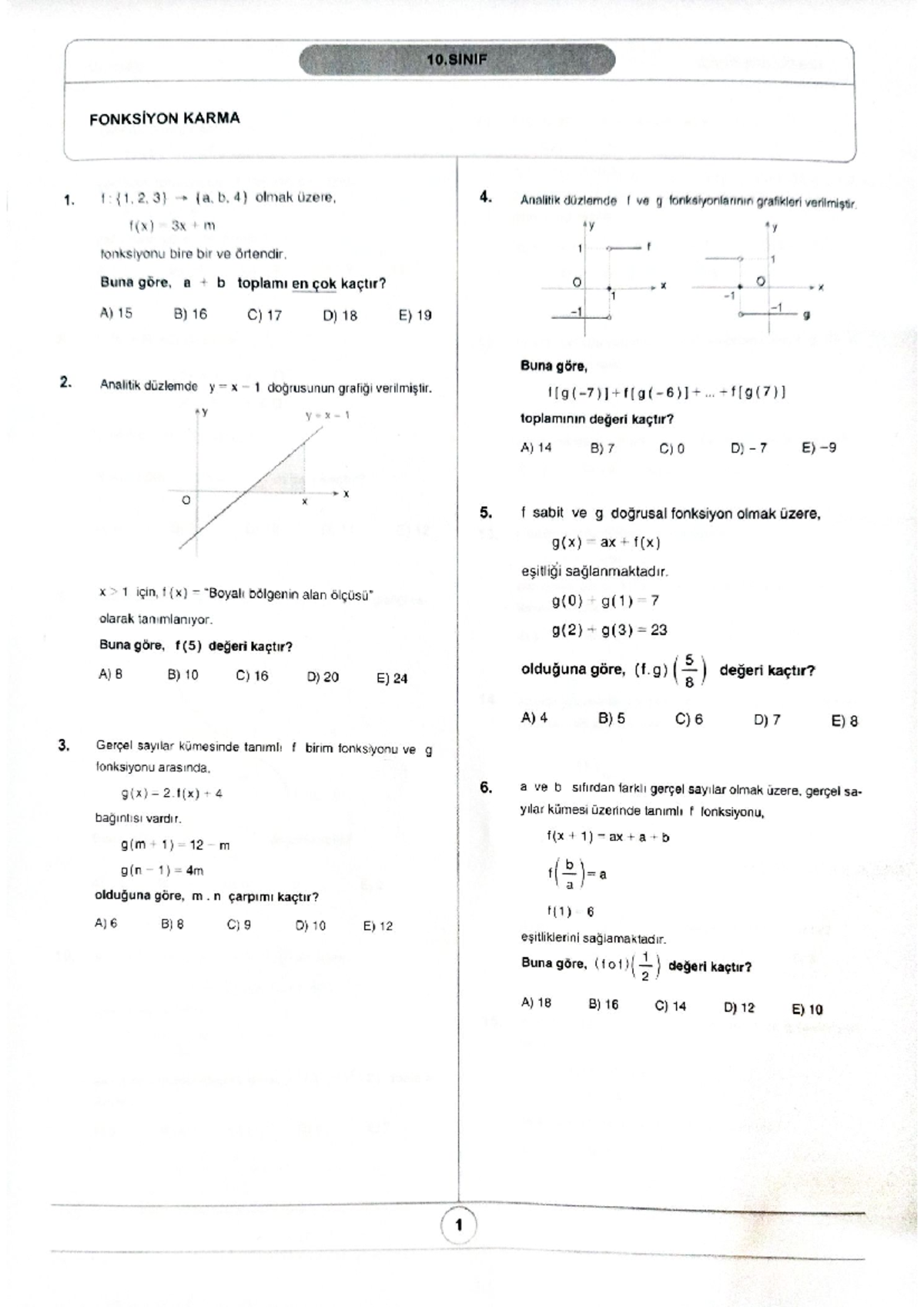 10 Fonksiyonlar Karma - 10th grade function worksheet - 10 FONKSIYON ...