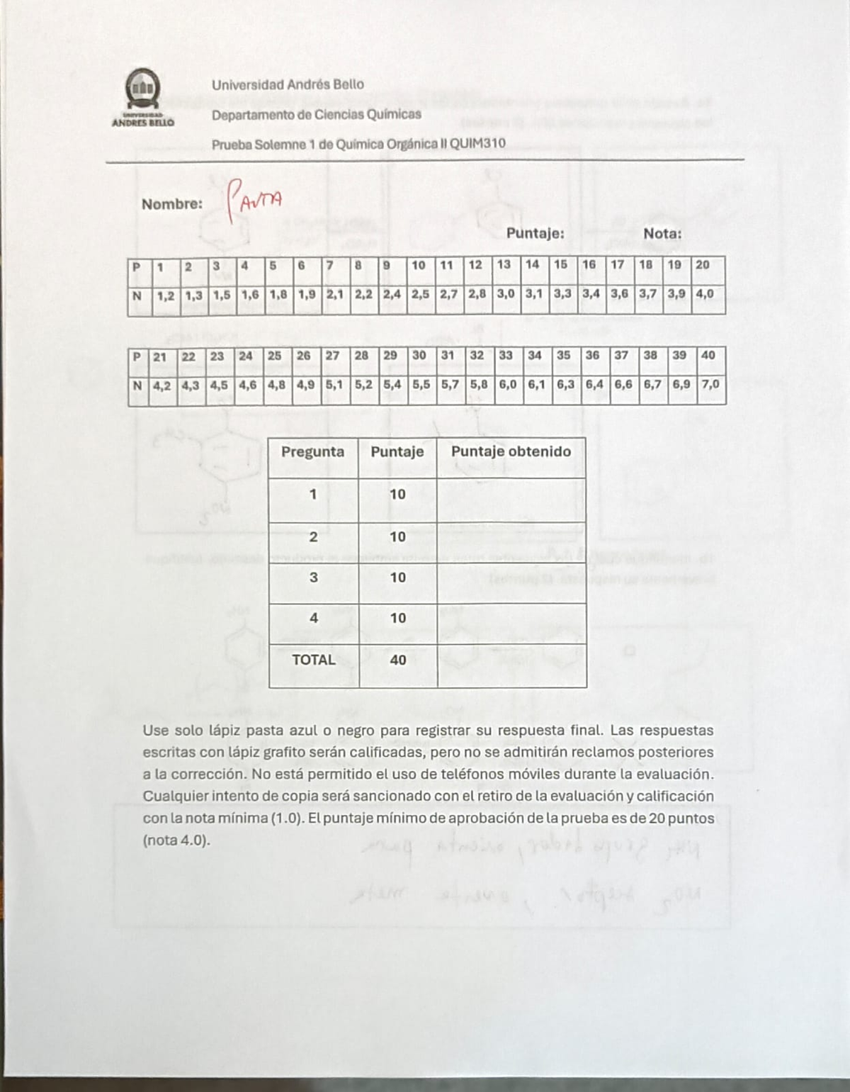 Prueba Solemne 1 de Química Orgánica II QUIM310 - Universidad Andrés Bello - Document Preview