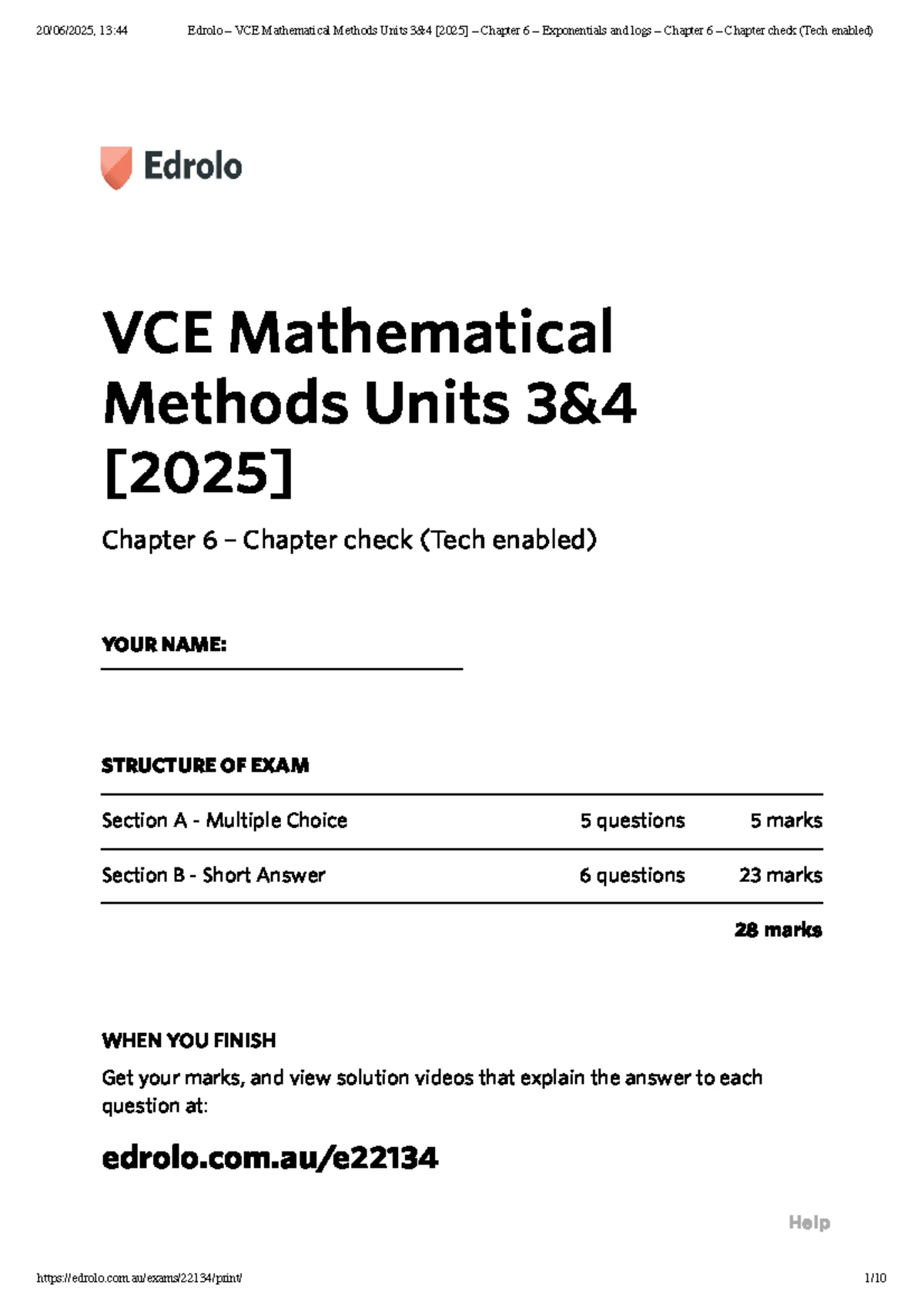 VCE Mathematical Methods Unit 3 & 4: Edrolo Chapter 7 Check (Tech Free ...