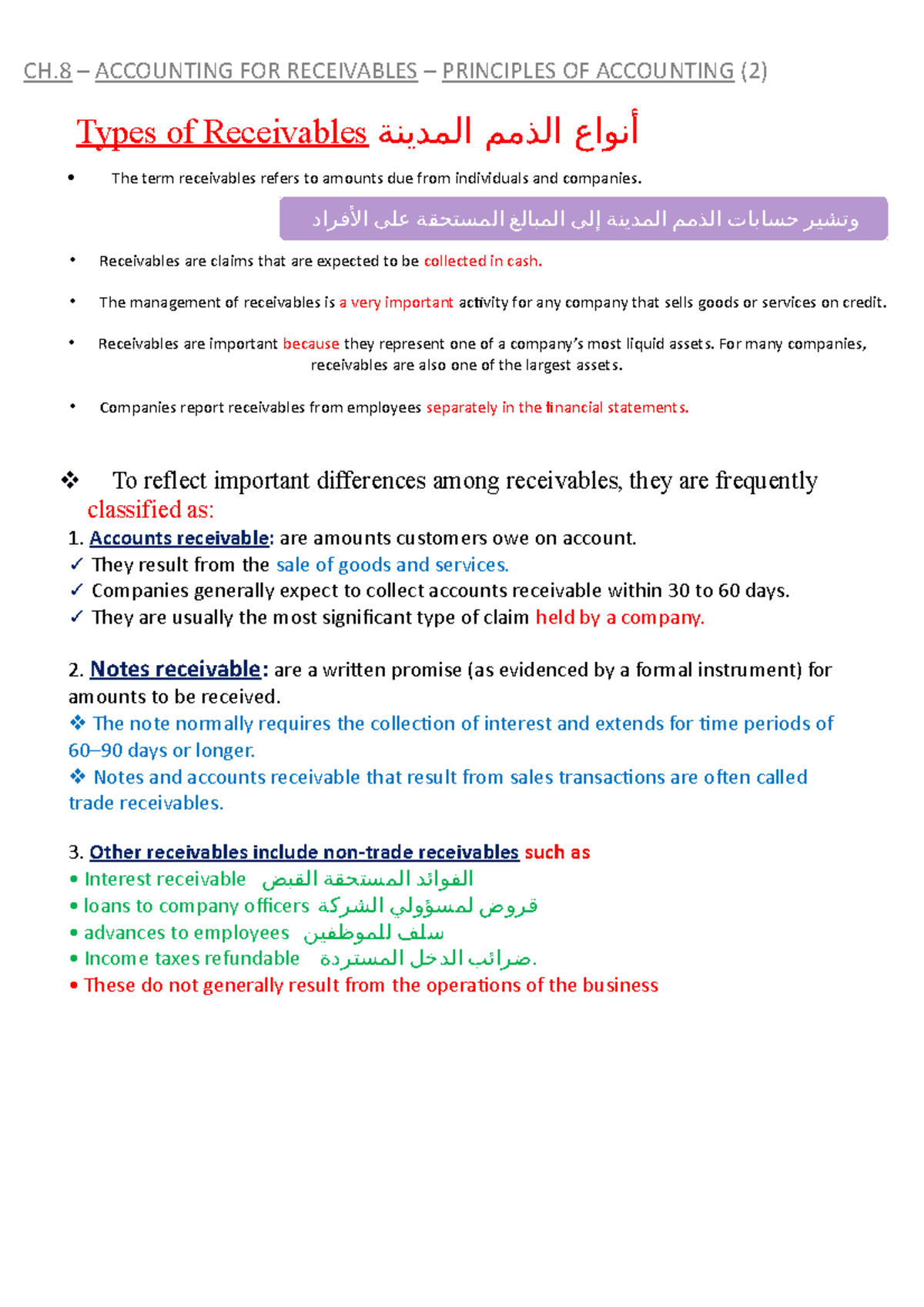 CH.8 Notes - Accounting FOR Receivables - Types of Receivables أنواع ...