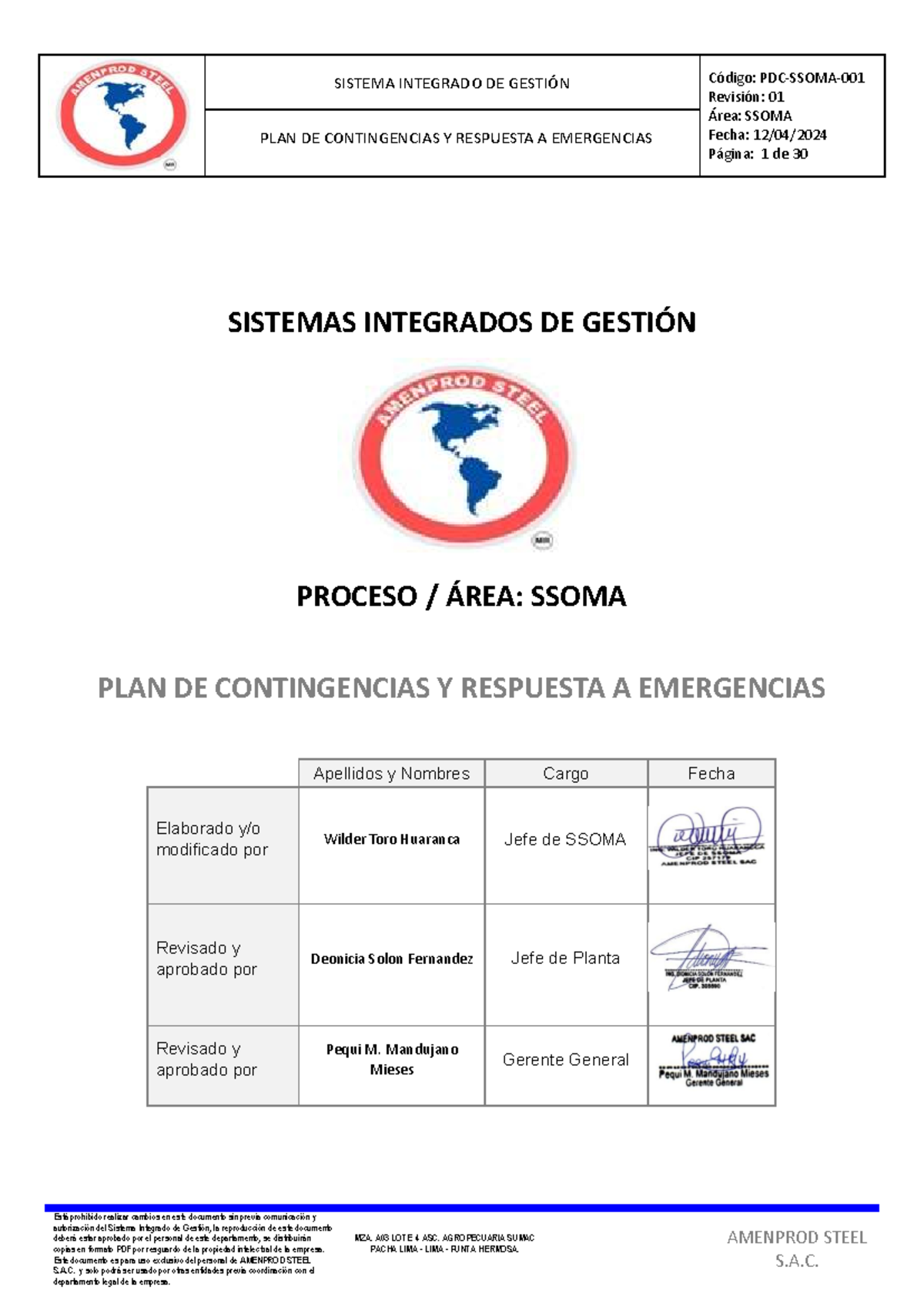 PLAN DE CONTINGENCIA Y RESPUESTA A EMERGENCIAS - AMENPROD STEEL S.A.C ...