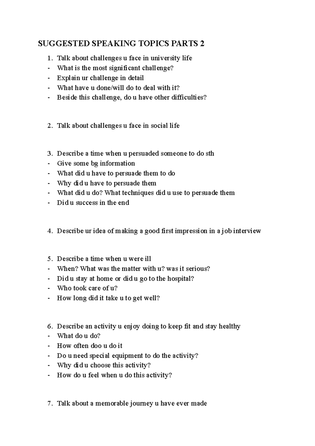 Suggested Speaking Topics Part 2: Challenges, Impressions ...