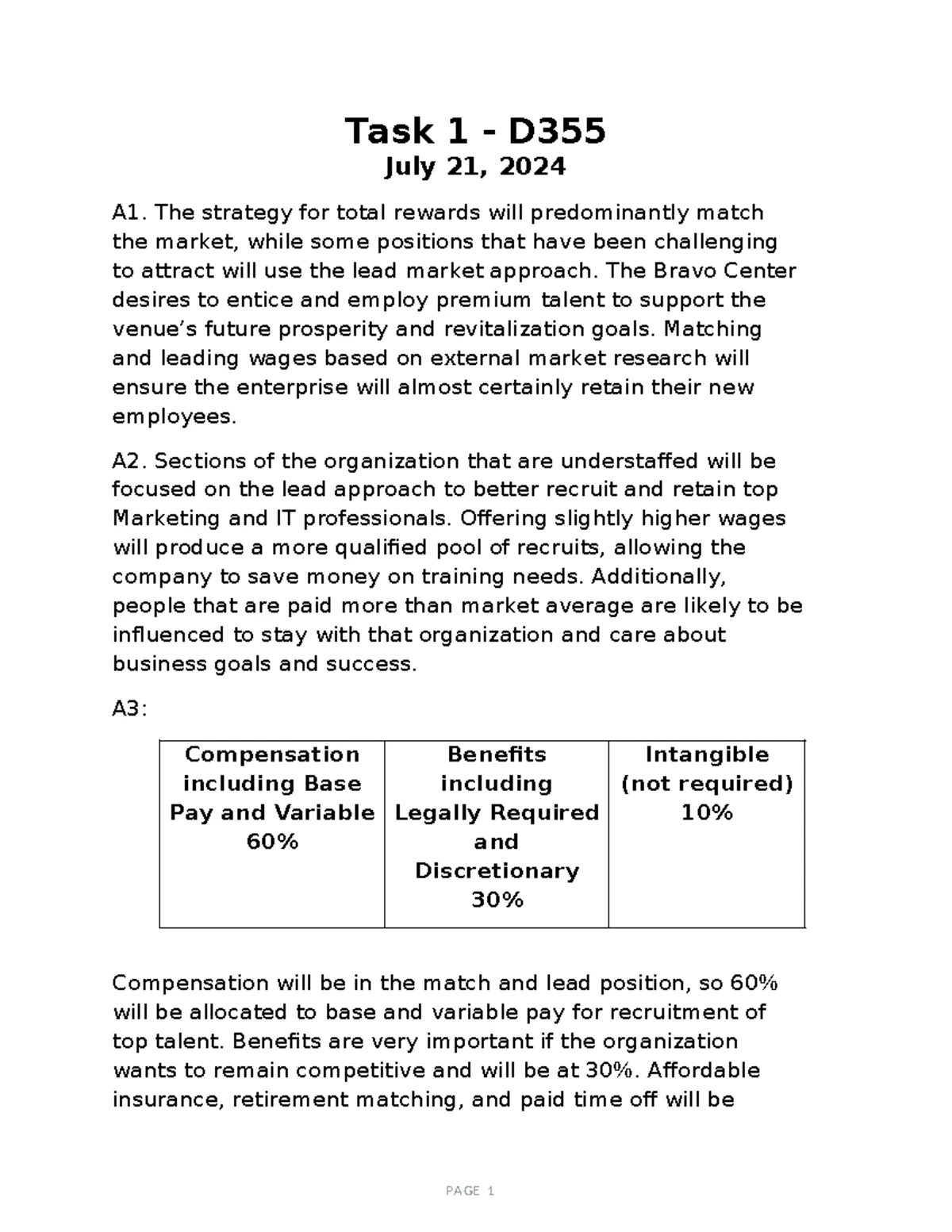 D355 Task 1 - Total Rewards Strategy: Compensation Insights - Studocu