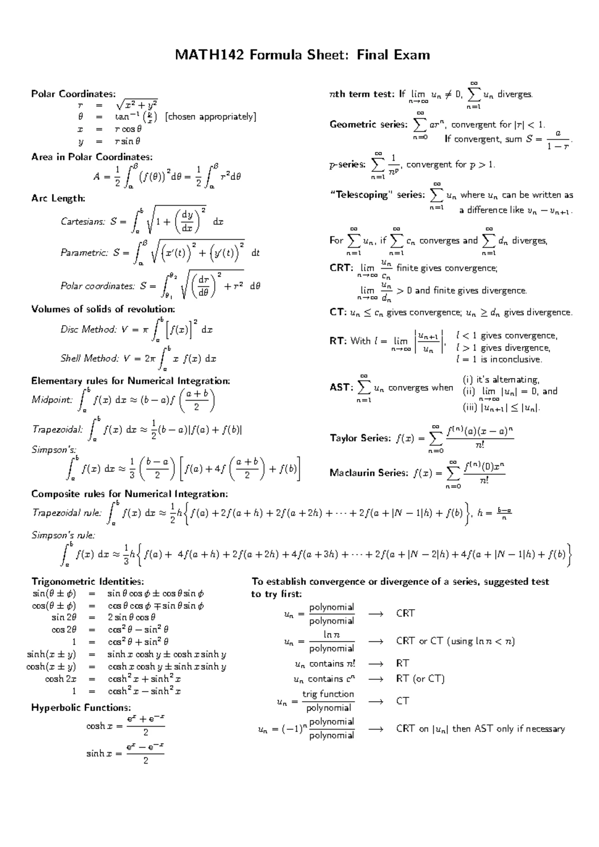 MATH141 Formula Sheet: Essential Formulas for Exams and Study - Studocu