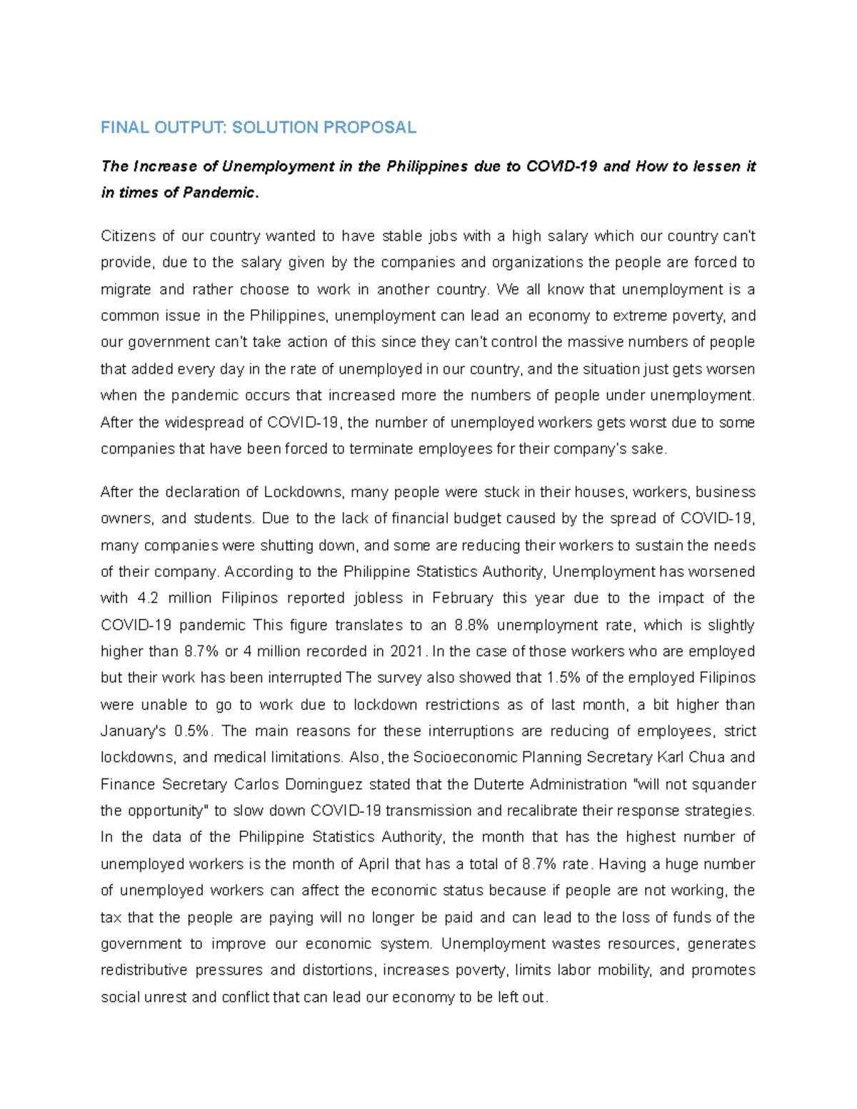 Essay - a solution for covid - FINAL OUTPUT: SOLUTION PROPOSAL The ...