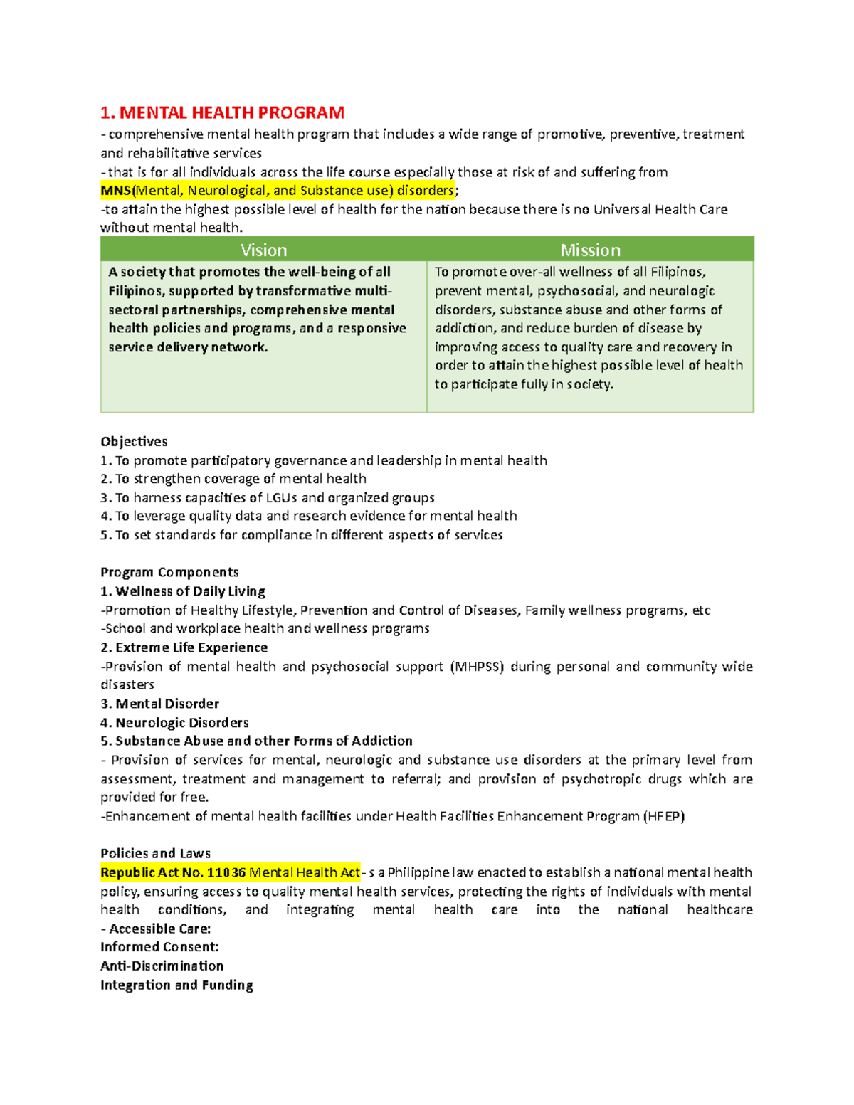 Comprehensive Mental Health Program Overview and Policies (MHS-101 ...