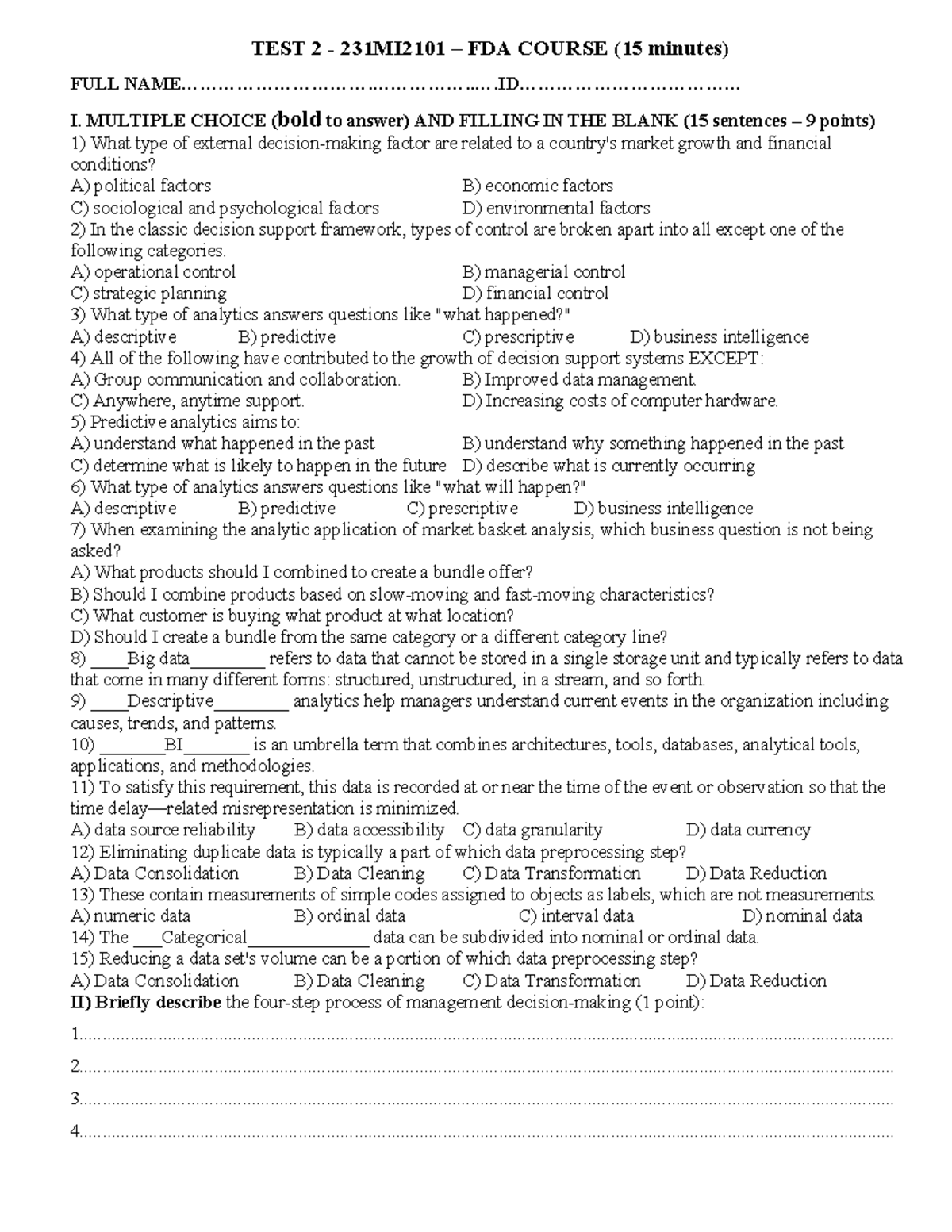 Test 2 -Chapter 1 and 2 - Tham khảo - TEST 2 - 231MI2101 – FDA COURSE ...