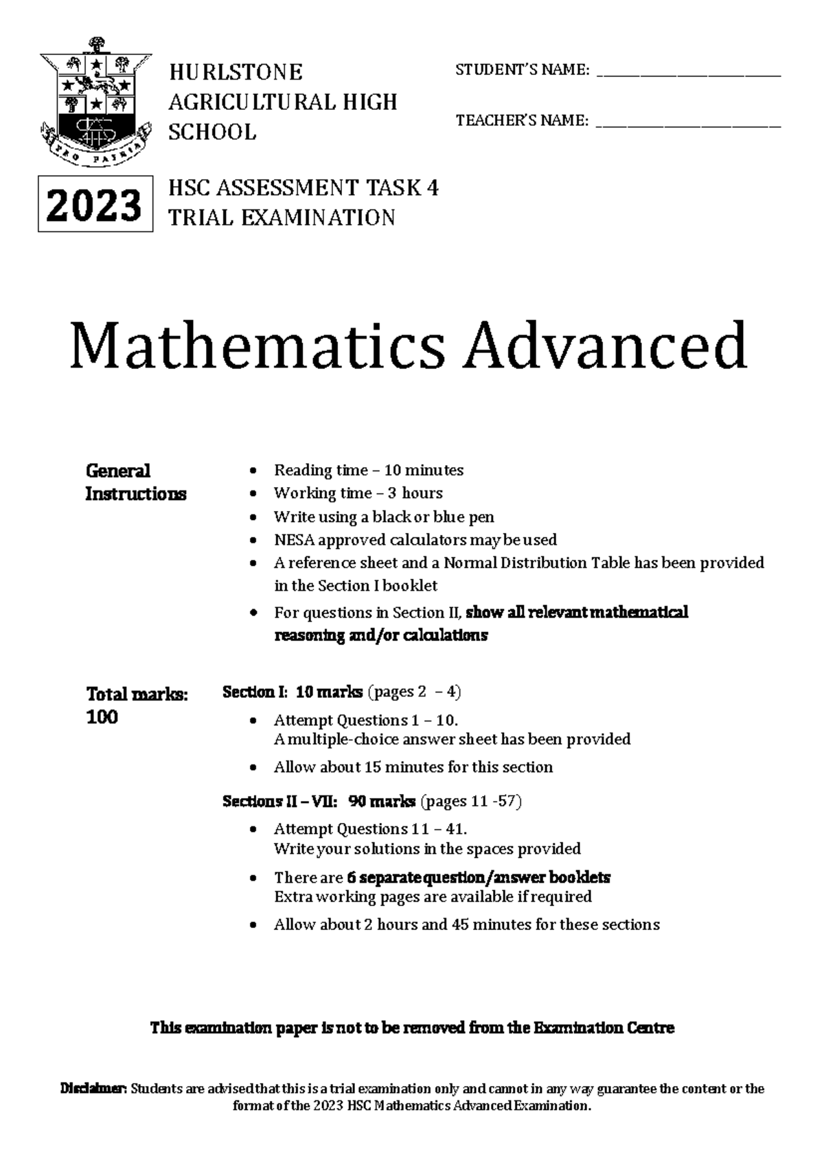 HAHS 2023 Mathematics Advanced Trial Exam Assessment Task 4 - Studocu