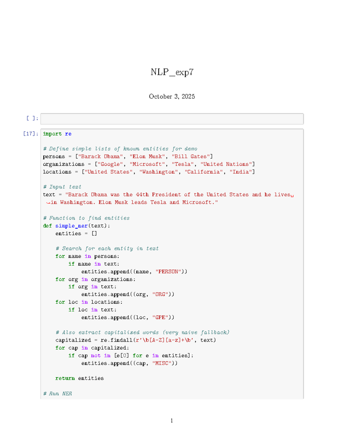 NLP EXP7 - Entity Recognition Experiment Notes - Studocu