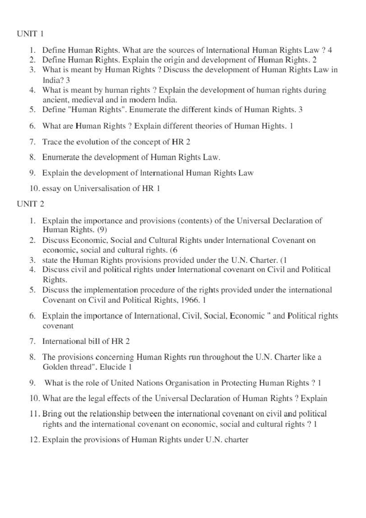 Human Rights Important Questions - Unitwise Overview (HR 101) - Studocu
