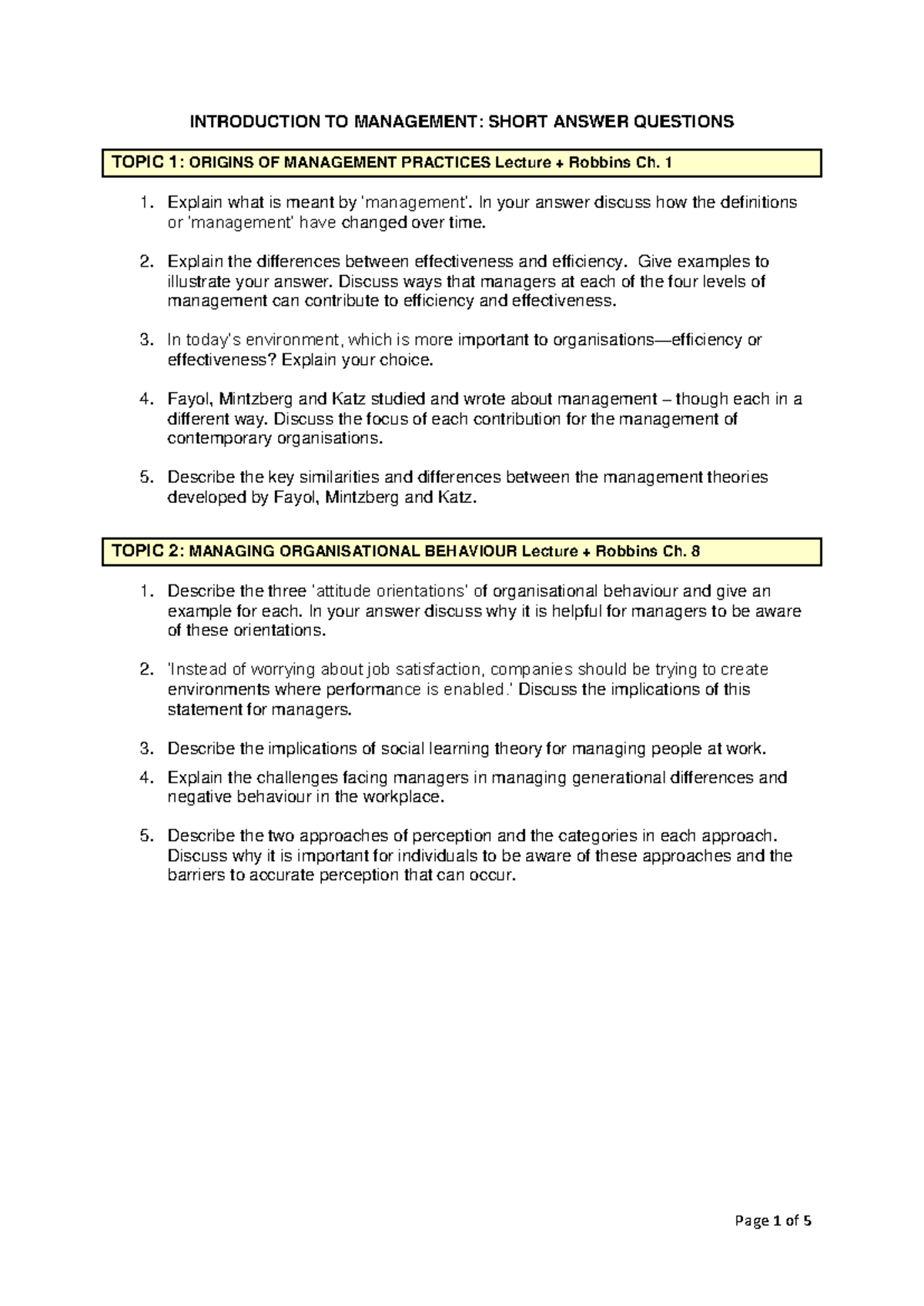 Possible Exam Questions: Intro to Management (BUSM20004) Sem 1 2016 ...