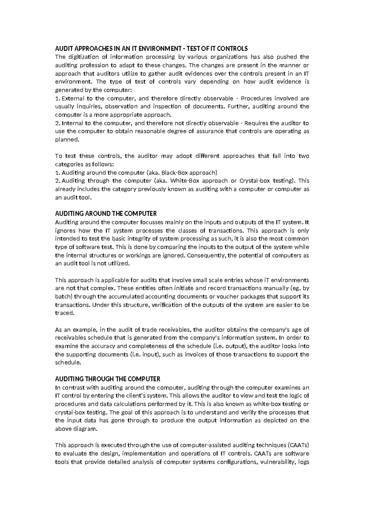 AUDIT APPROACHES IN IT ENVIRONMENT: TEST OF IT CONTROLS - Studocu