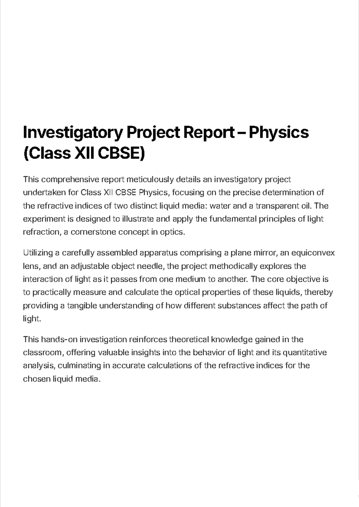 Investigatory Project Report: Refractive Indices of Water & Oil (Class ...
