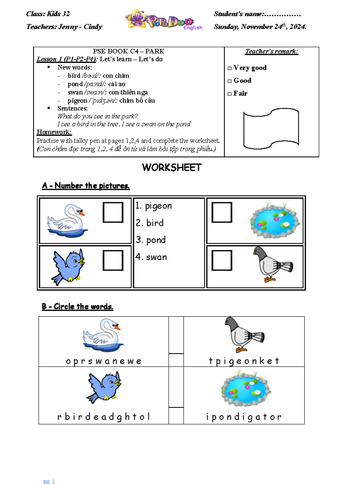 PSE C4 Lesson 1 - Let’s Learn About Birds and Ponds in the Park - Studocu