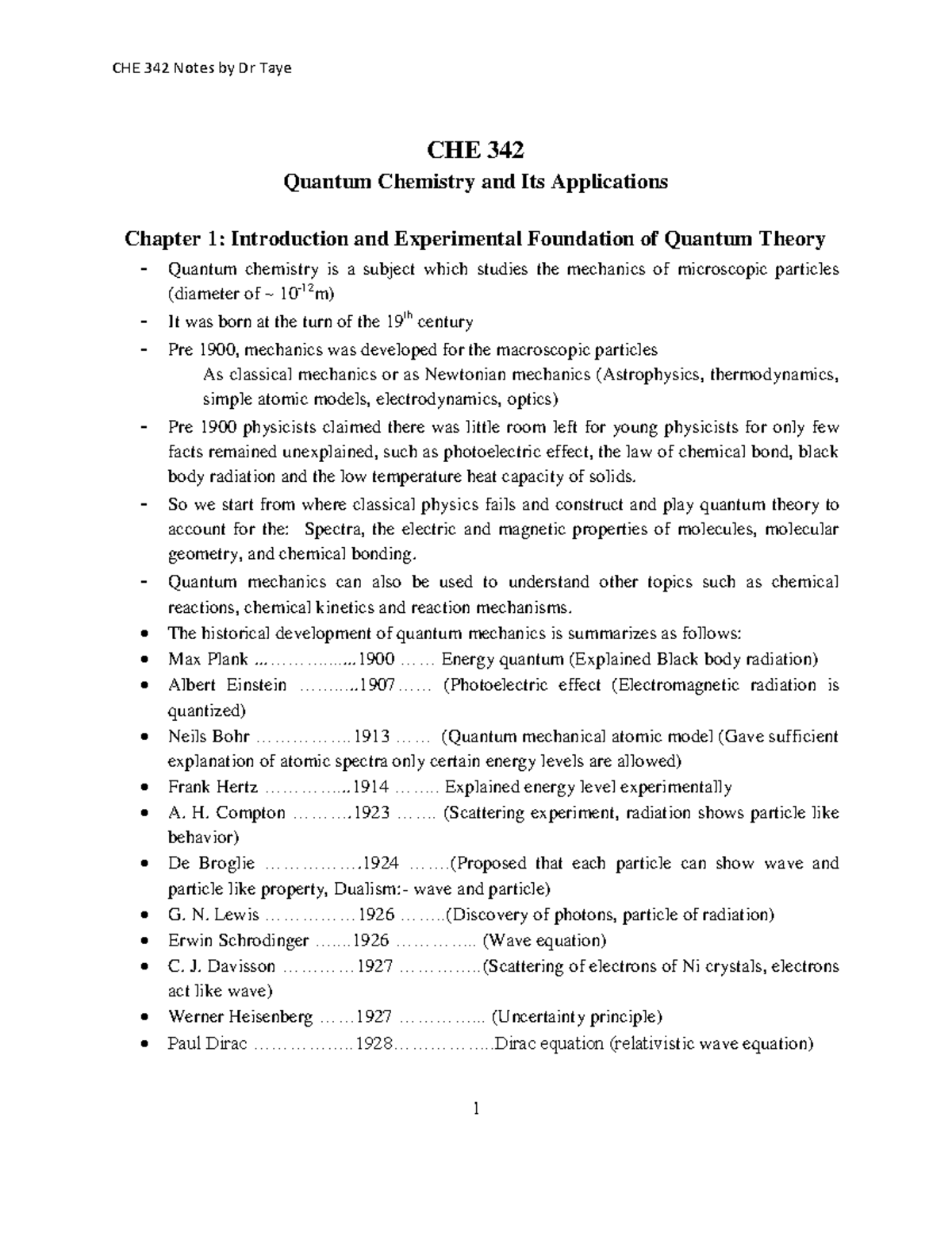 CHE 342 Chapter 1 - Introduction to Quantum Theory and Bohr Model - Studocu