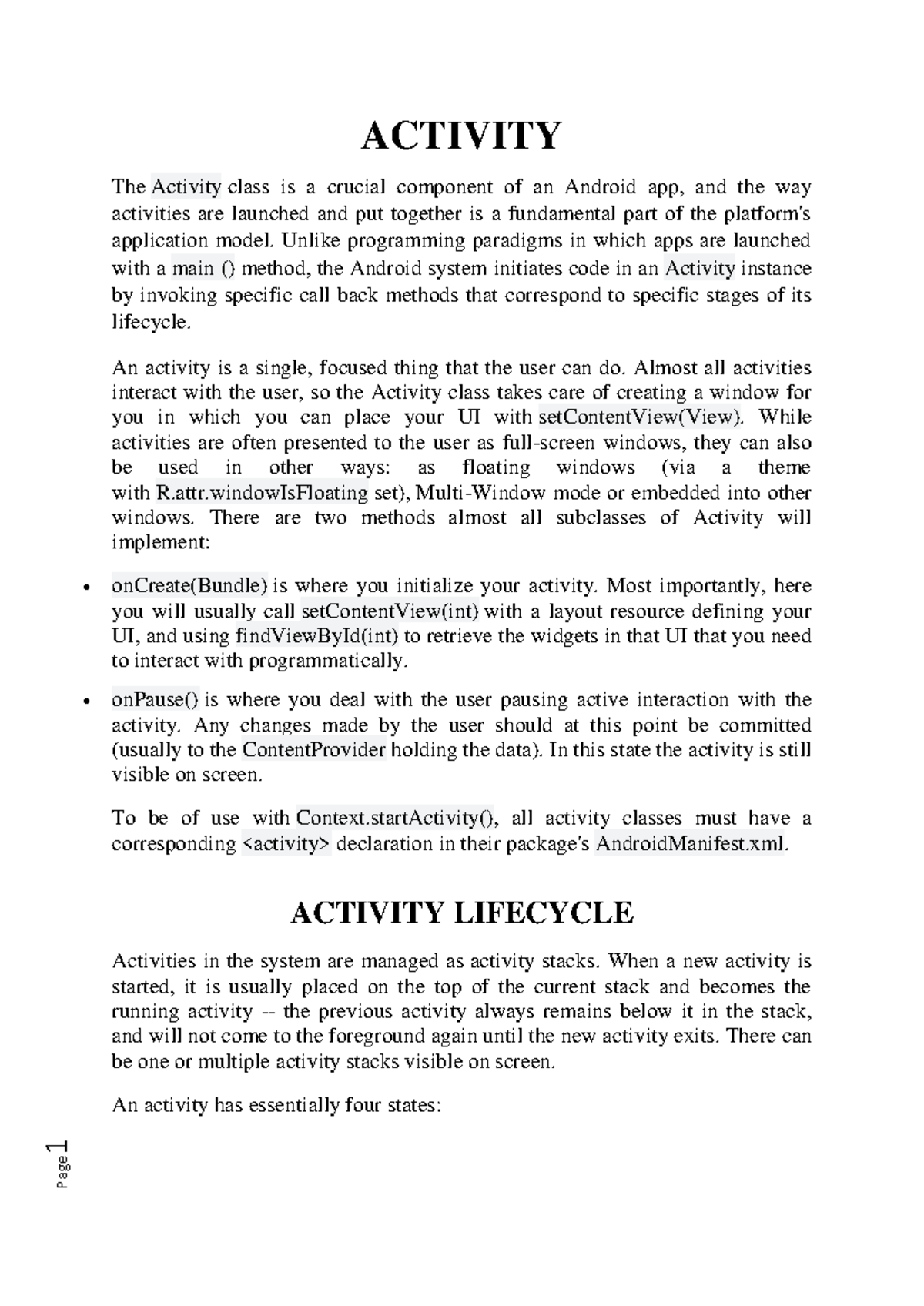 Android-UNIT III - BCA - 1 ACTIVITY The Activity class is a crucial ...