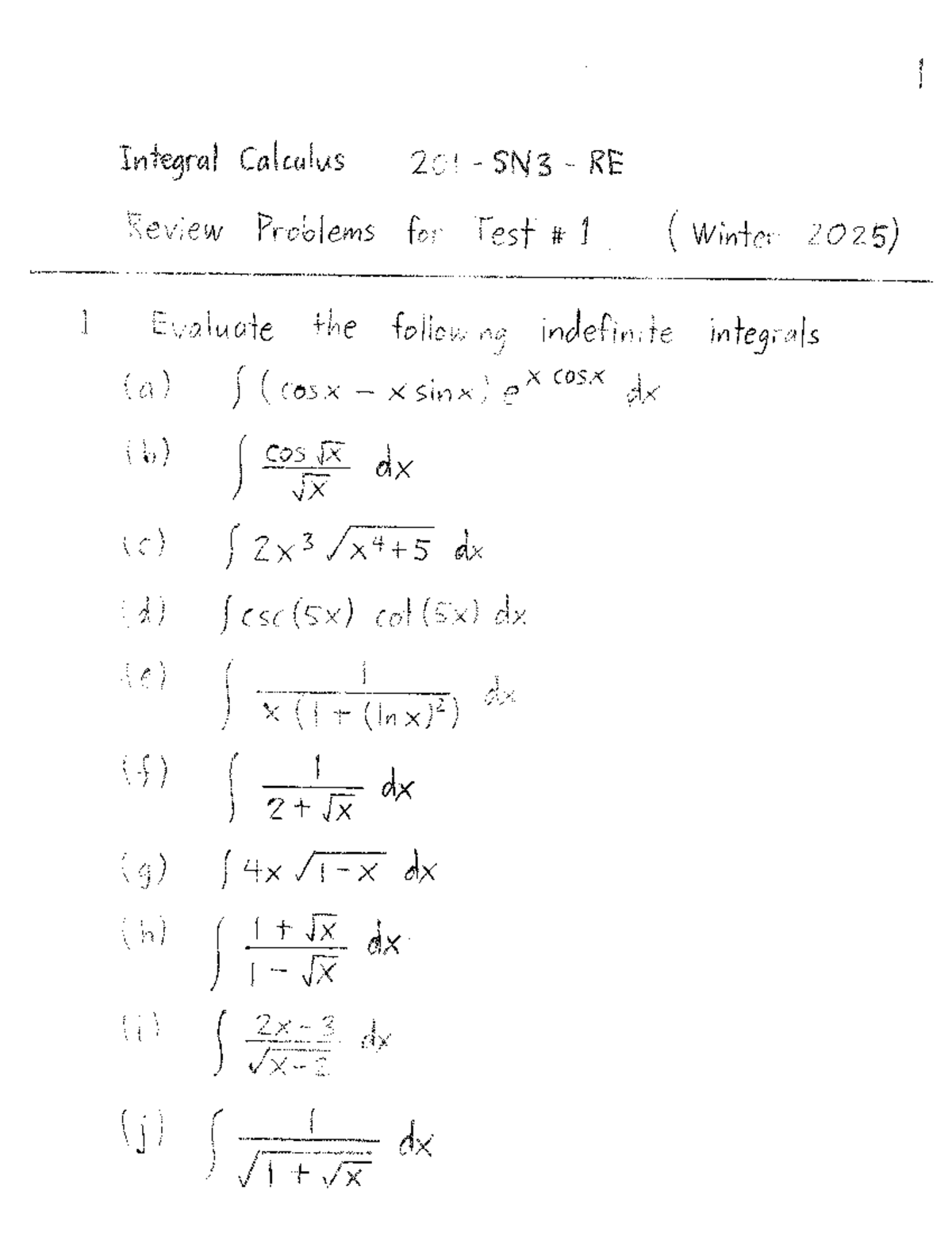 Integral Calculus 201 SN3 Test 1 Review Problems (Winter 2025) - Studocu