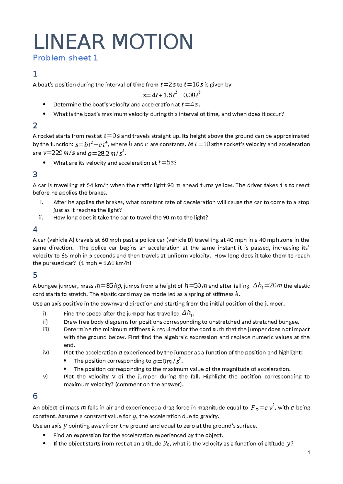 Linear Motion Problem Sheet 1: Velocity, Acceleration & Forces Analysis ...